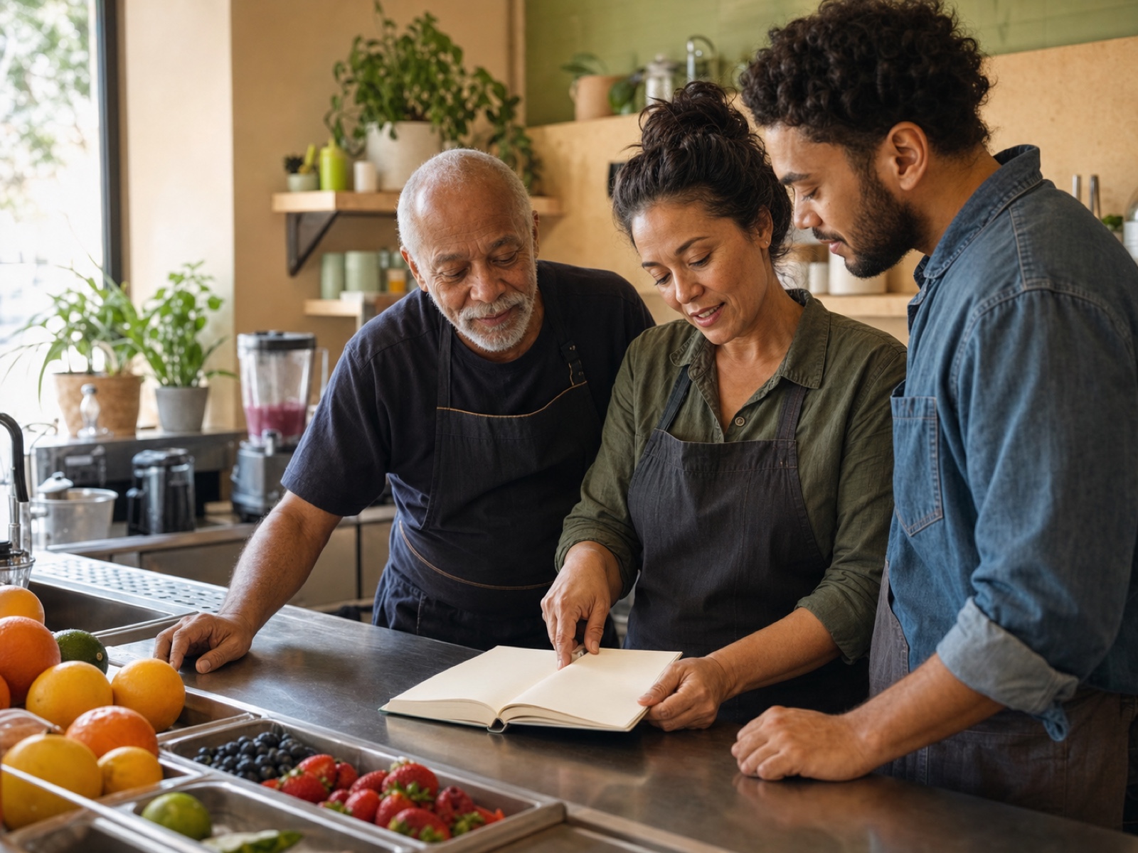 Food-industry operators reviewing ideas together at a counter