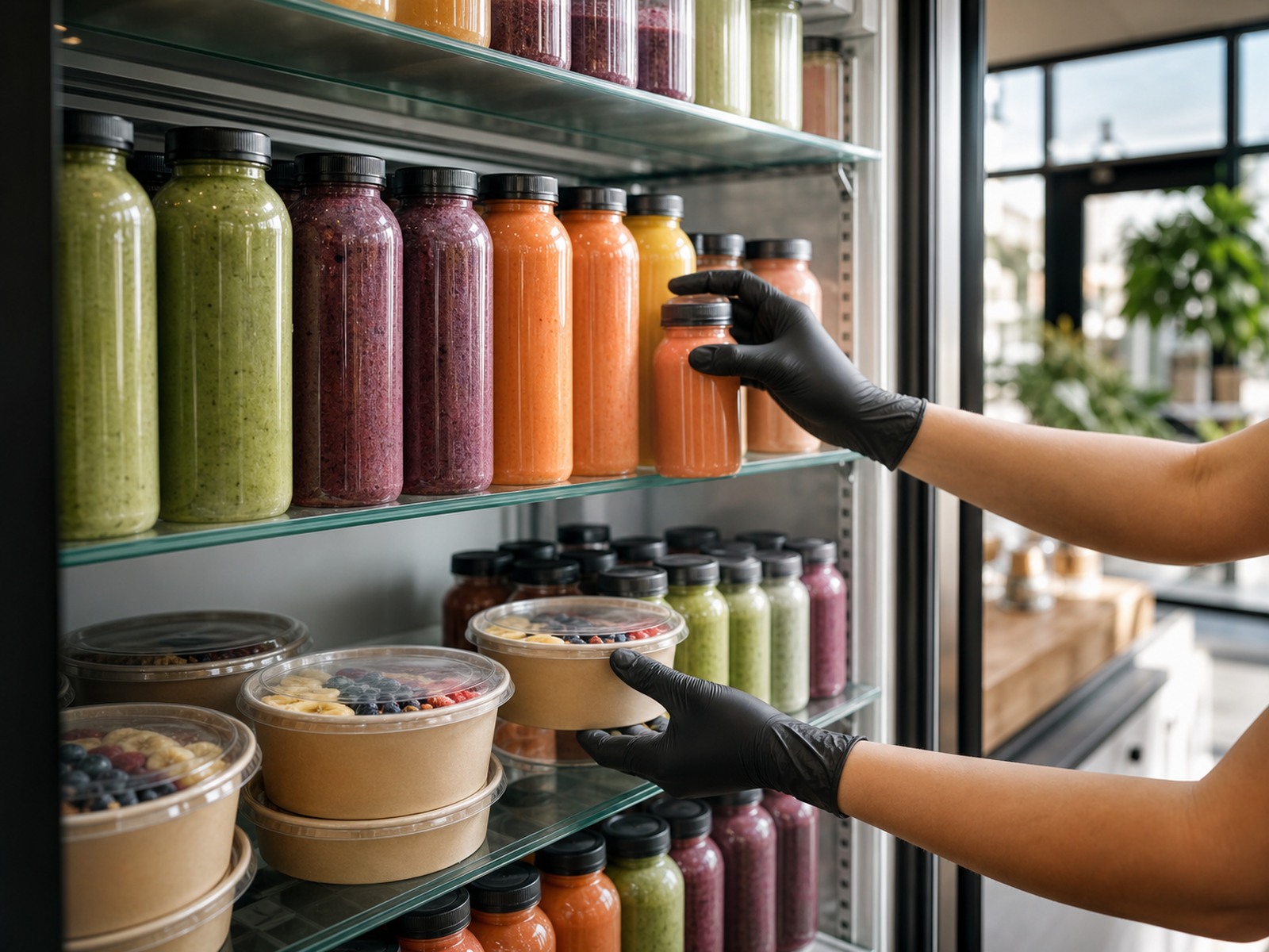 Prepared smoothies and fresh ingredients arranged for grab-and-go service