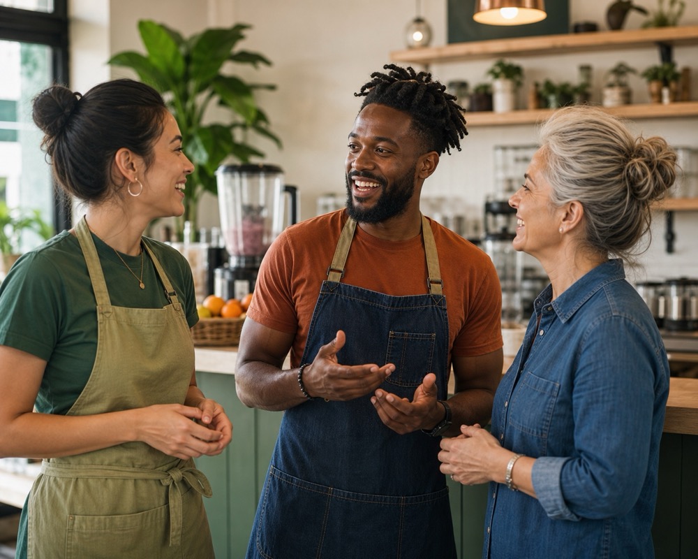 Smoothie-shop operators sharing ideas in a neighborhood shop
