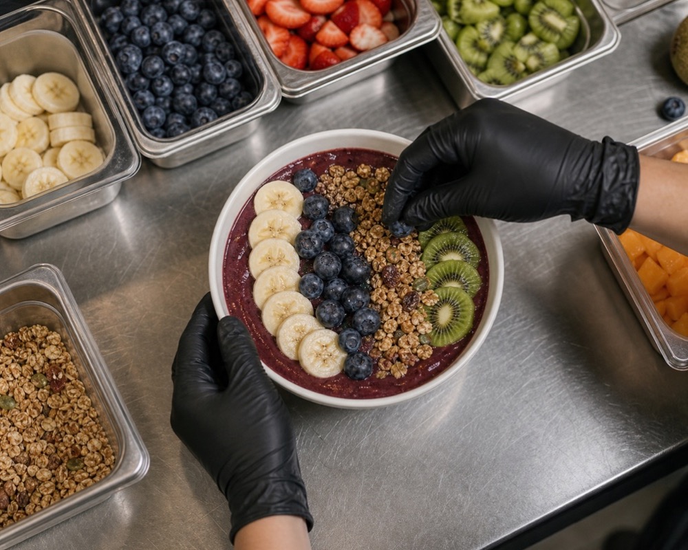An operator finishing an açaí bowl with fresh fruit