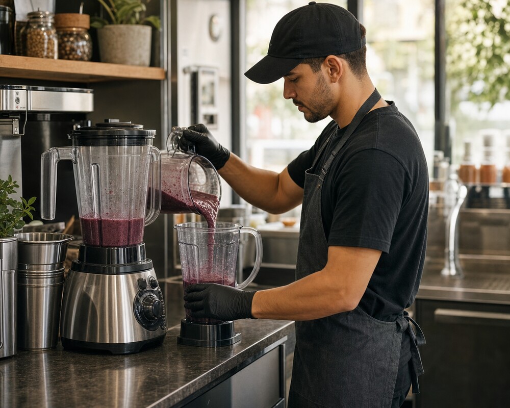 A smoothie-shop operator working with commercial blenders